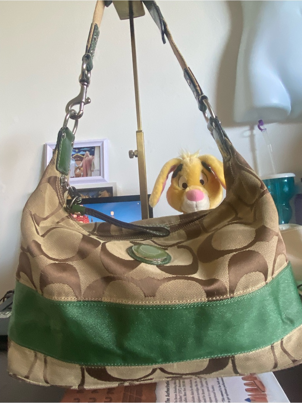 Coach Brown Signature Shoulder Bag with Green Trim